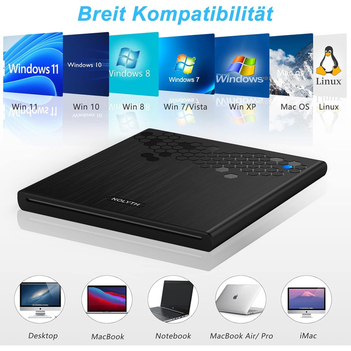 Зовнішній CD/DVD привід для ноутбука USB-C: слот-ін DVD-брунер та плеєр для Mac, MacBook, Windows з кнопкою вильоту