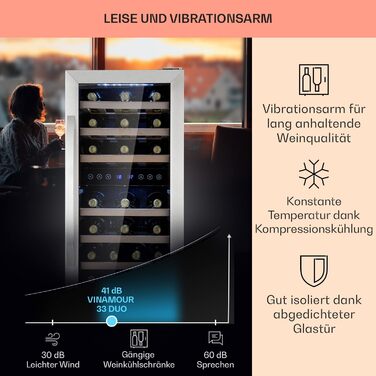 Klarstein 33-Bottle Wine Refrigerator - 2 Zone Freestanding Wine Cooler with Glass Door, Indoor/Outdoor Beersafe, LED Lighting, 5-18°C - Silver/Black