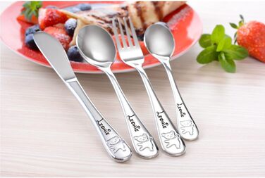 Дитячий столовий прилад Kinderbesteck з гравіюванням імені/мотива 'Teddy Bärchen' (ведмедик), 1 або 4 шт. у наборі, з нержавіючої сталі, гравіювання стильною літерою