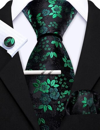 Комплект краваток Barry.Wang: краватка, кишеньковий хустинка та запонки. Чорний колір з зеленим квітковим візерунком, для весілля та ділових зустрічей