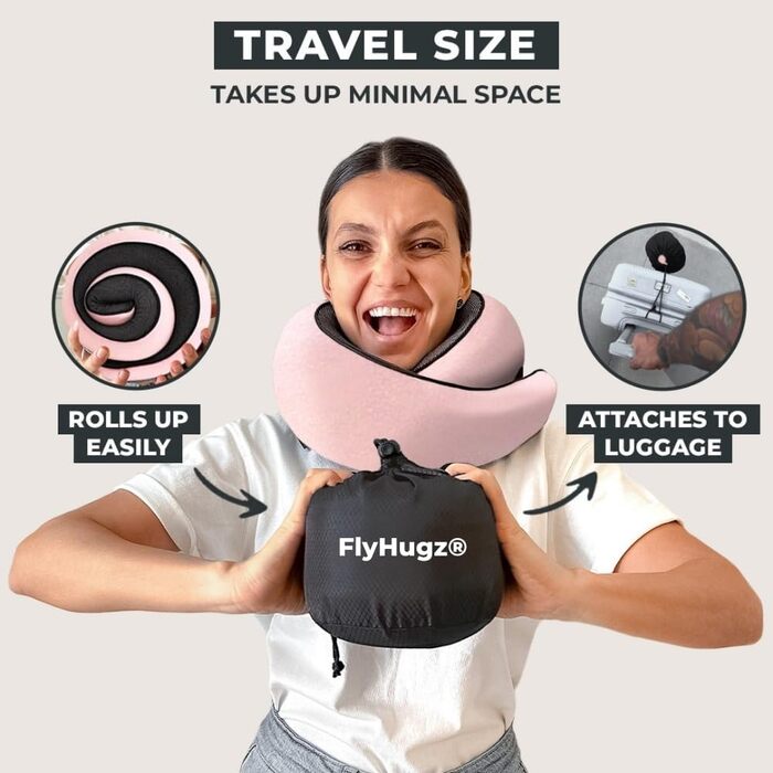 Подушка для шиї FlyHugz® з memory foam: комфорт у подорожах, для авто та дому. Рожева.