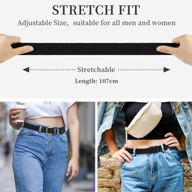 Жінський та чоловічий тканинний ремінь Flintronic, еластичний плетений ремінь, ширина 3.3 см, довжина 107 см (для обхвату талії 76-115 см), колір: чорний