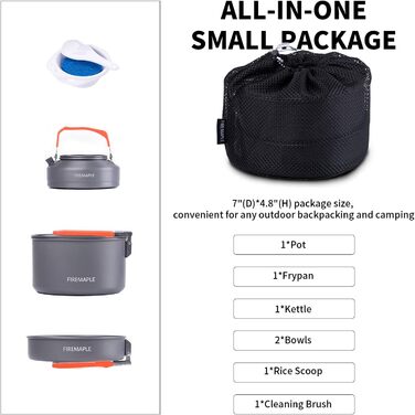 Набір кухонного посуду для кемпінгу Fire-Maple Feast 2: каструля, чайник, сковорода, миски та лопатка для 1-3 осіб (Помаранчевий)