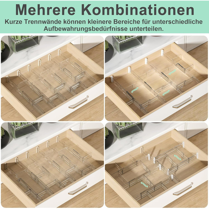 FUNIZE Adjustable Drawer Dividers with Inserts, 8 Piece, 32-58cm Long Dividers with 16 Piece 9-18cm Inserts, Expandable Drawer Organizer for Kitchen, Bedroom, Office Storage