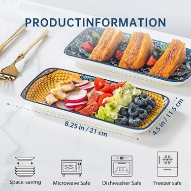 Сервіровочні тарілки HENXFEN з порцеляни, 25.4 см, набір прямокутних тарілок, 25.4 x 17.8 см, для салату, закусок, сашімі, богемний квітковий дизайн у 6 яскравих кольорах (прямокутна тарілка 20.3 см)