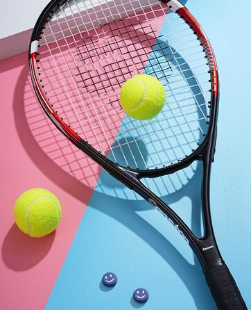 Senston Adult Tennis Racket Set - 2 Rackets, 3 Balls, 2 Grips, Vibration Dampeners (Red & Blue)
