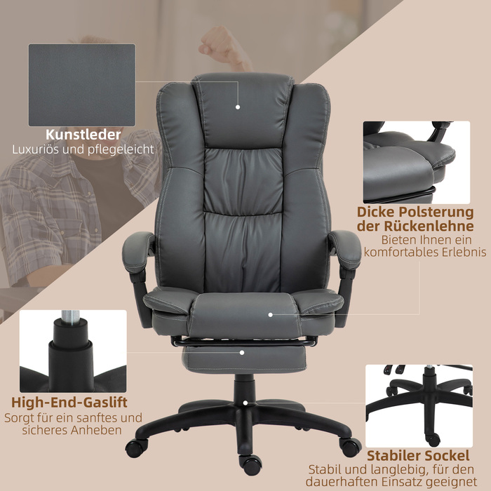 Vinsetto Office Chair Executive Swivel Chair with Footrest and Headrest, Ergonomic Chair, Vibration Desk Chair with Reclining Function, Massage Function, Faux Leather, Dark Grey, 68.5x68.5x113-121cm | Aosom