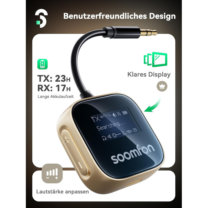 Bluetooth адаптер SOOMFON 2-в-1 (передавач та приймач) з підтримкою aptX для літака та аудіосистем