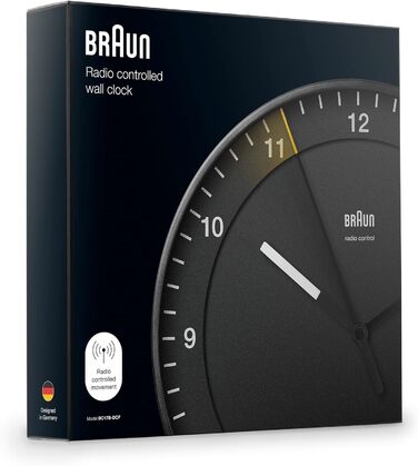 Braun Classic Large Radio Wall Clock, Central European Time Zone (CET/GMT+1) with quiet movement, easy-to-read dial, 30cm diameter, black model BC17B-DCF.