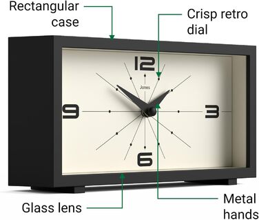 JONES CLOCKS® Desk Clock 'Odeon' – modern rectangular design in black, stylish retro look for shelf, table, mantelpiece or bedside table