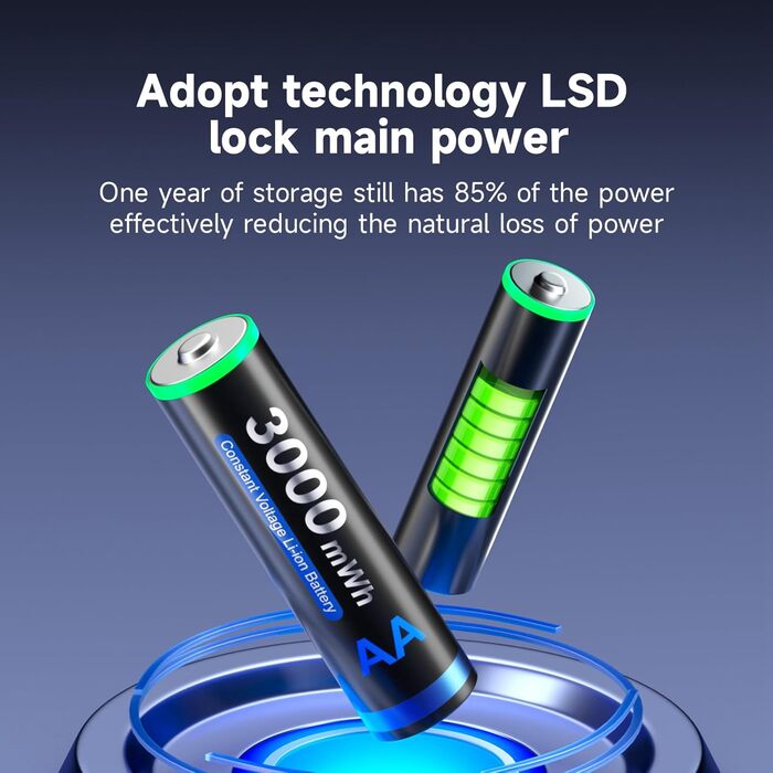 CITYORK Акумулятори AA Li-Ion, 4 шт., 1.5V, 3000mWh, з зарядним пристроєм Bay LCD Micro USB, швидка зарядка, захист від перевантаження