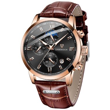 Годинник LIGE чоловічий, Хронограф, Аналоговий кварц, Ремінець зі шкіри, Календар, Світлодіодна підсвітка, Водостійкий 3ATM, Годинник для чоловіків, Бізнес, Відпочинок (Коричневий/Чорний)