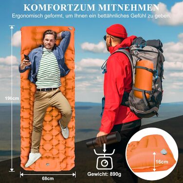 Саморозгортальний килимок для кемпінгу Vinstein, 16 см, з інтегрованими подушками та насосом для ніг, ультралегкий, водонепроникний, оранжевий