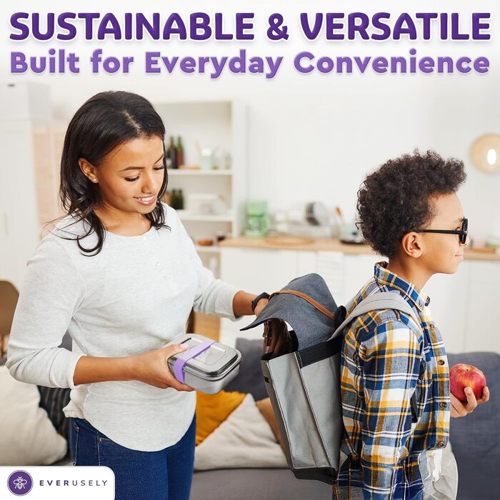 Everusely Ланчбокс Bento Box Лавандовий - 0,8 л, нержавіюча сталь, з контейнером для спецій, 3 відділення