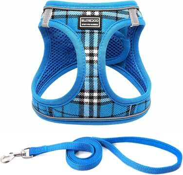 Шлейка для собак Suredoo для маленьких і середніх порід, анти-тяга, дихаюча, з поводом (M, 34-39см; XL, 46-53см, 8-10.5кг), блакитна в клітинку