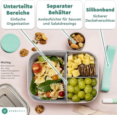 Бенто-бокс Everusely 0,8 л з нержавіючої сталі з контейнером для спецій - ланчбокс з 3 відділеннями (зелений)