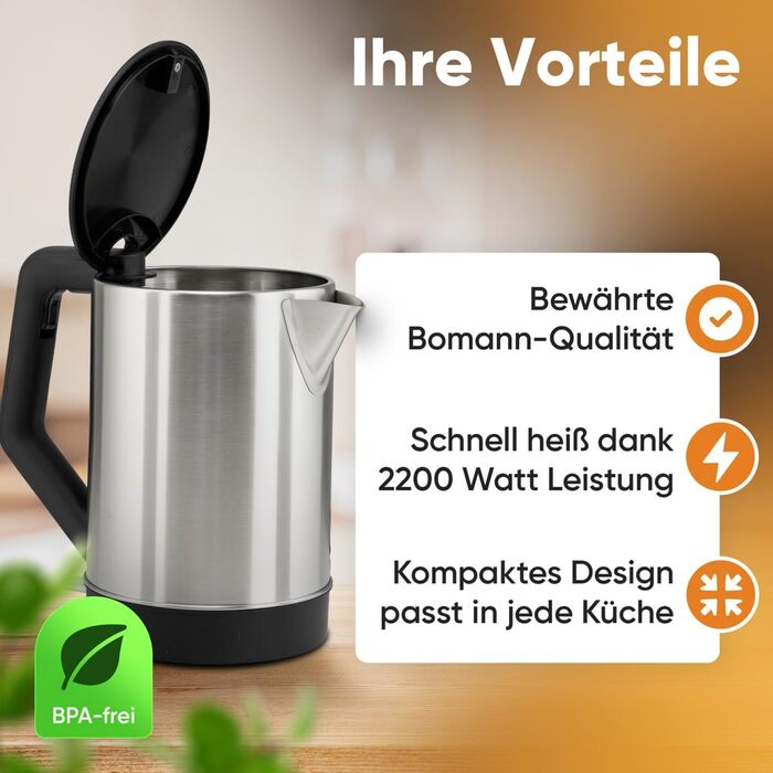 Електричний чайник Bomann WKS 3002 CB: 1,5 л, нержавіюча сталь, BPA Free, зручна кнопка, білий