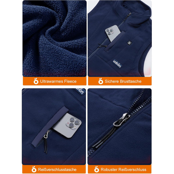 UNBON Гріюча жилетка з флісу, чоловіча жилетка з підігрівом, жилетка з Powerbank 10000mAh USB, 3 режими нагріву, 6 зон нагріву (XXL, Синій)