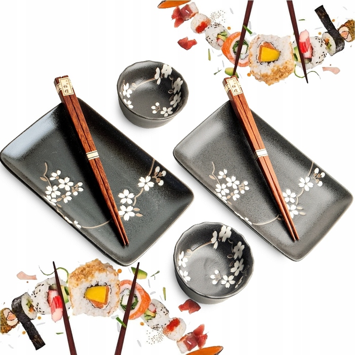 Набір керамічного посуду для суші Edo Japan Anemone Black, чорний у квітів, на 2 особи