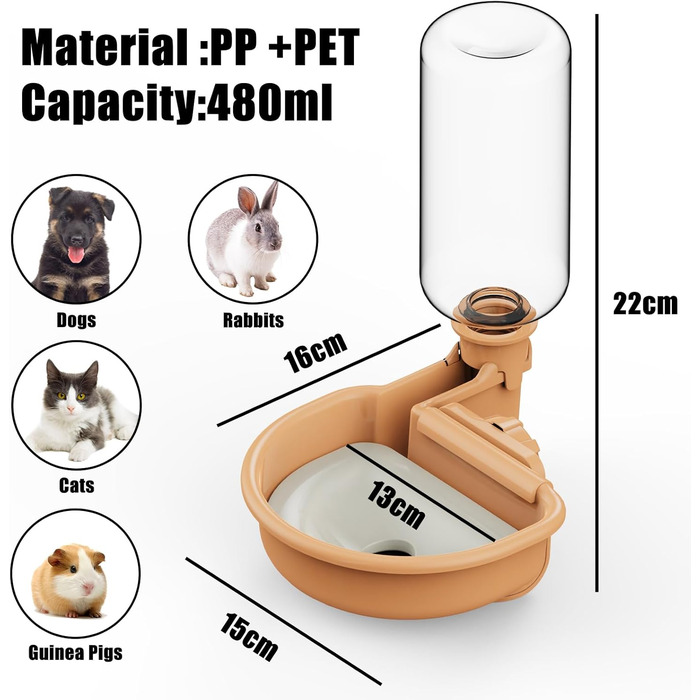 Автоматичний поїльник для собак у клітку, 480 мл, антиперелив, фонтанчик для собак, котів та кроликів (Помаранчевий)