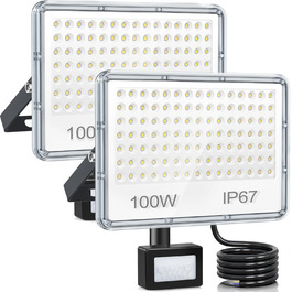 LED Floodlights with Motion Sensor Outdoor 50W 2 Pack, 5000LM LED Spotlights with Motion Sensor, 7000K Cool White Outdoor Floodlights, IP67 Waterproof Floodlights for Warehouse, Garden, Garage (100W-2PC)