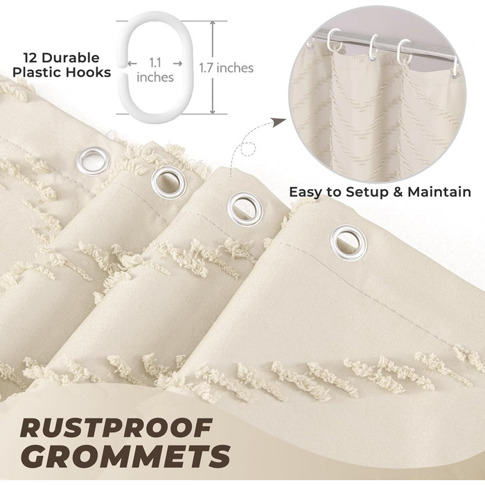 Шторка для душу, довга, у стилі фермерського дому, богемний шик, туфтована, Chevron, структурована, смугаста, мінімалістична, тканинна, мила, бежева, H243.8 x B182.9 см (1 шт.)