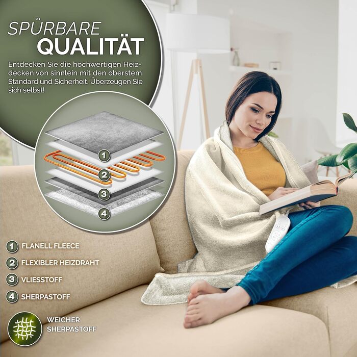 Електрична гріюча ковдра Sinnlein® 160x120 см з таймером та 9 рівнями нагріву | Ковдра для ліжка та дивану | Бежева