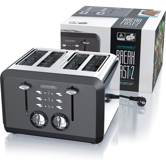 Arendo - Automatic 4-Slice Toaster in Stainless Steel, toasting up to four sandwiches and toast slices, browning level 1-6, warming and defrost function, crumb tray, 1630 W, GS certified A: Cool Grey