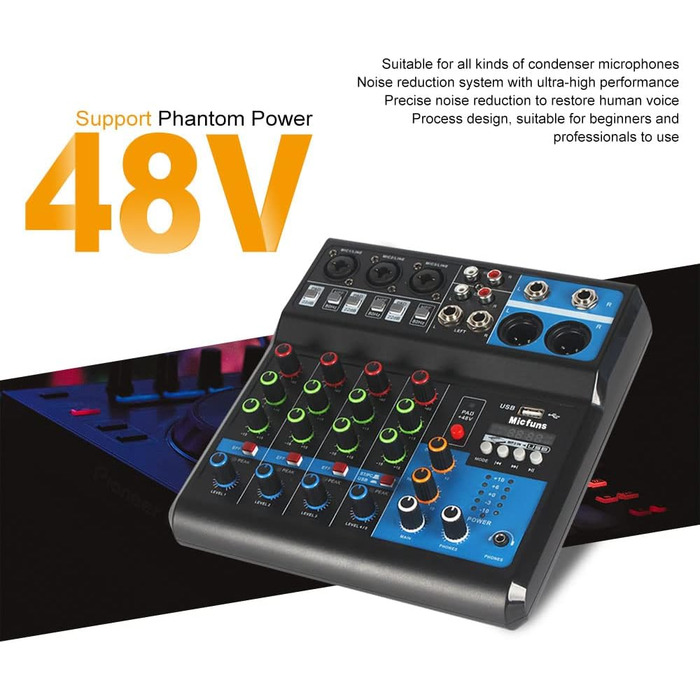 Міні аудіо DJ-мікшер 5-канальний з Bluetooth, USB, MP3, 48V фантомним живленням, стерео, для професійного студійного та сценічного використання, вечірок, KTV