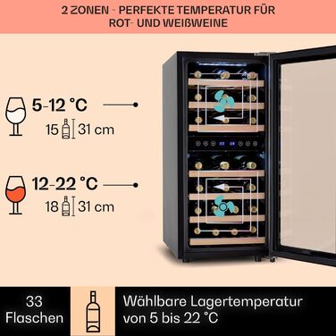 Klarstein 33-Bottle Wine Refrigerator - 2 Zone Freestanding Wine Cooler with Glass Door, Indoor/Outdoor Beersafe, LED Lighting, 5-18°C - Silver/Black
