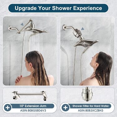 BRIGHT SHOWERS Dual Shower Head Combo Set, Handheld Shower Head, Rainfall Shower Head, Combo with Black Face, 152.4 cm (60 inch) Stainless Steel Shower Hose, (2.5 Gallon Per Minute, Brushed Nickel)