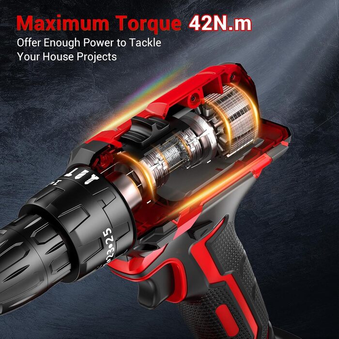 Акумуляторний шуруповерт BETENST 21V: 42Nm, 2 Akku 2.0Ah, 25+3 Drehmomentstufen, 2 швидкості, 10мм патрон, LED, 30шт аксесуарів для дому, саду, DIY