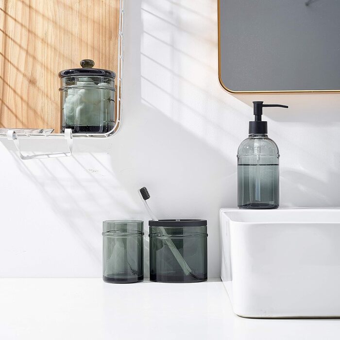 4-piece glass bathroom accessory set with decorative pressed pattern, including soap dispenser, tumbler, soap dish, and toothbrush holder, Blue-Green (Gray)