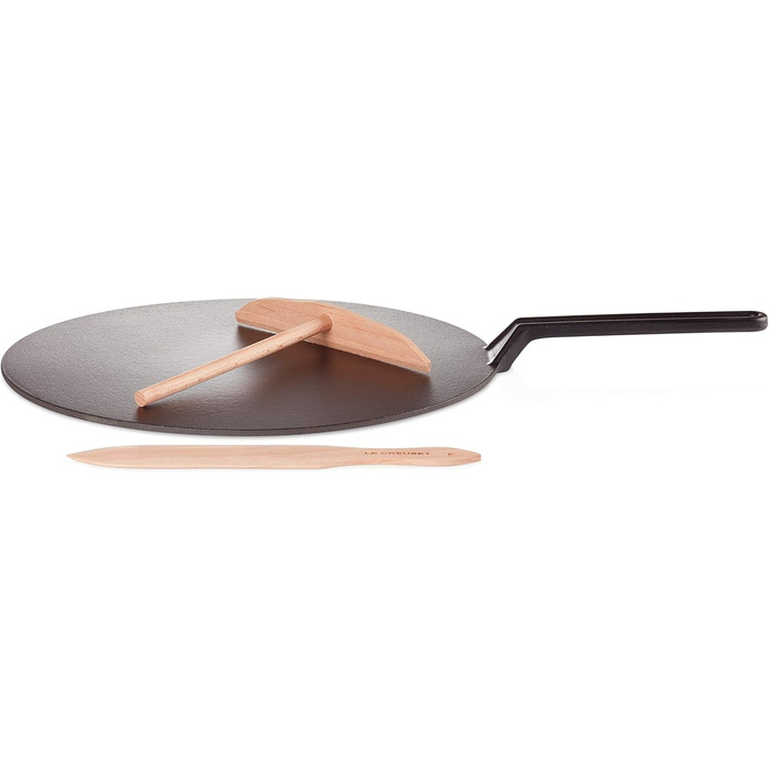 Сковорода для млинців Le Creuset з чавуну, 32 см, з дерев'яною лопаткою, для всіх типів плит (індукція), червона Cerise, чорне матове покриття