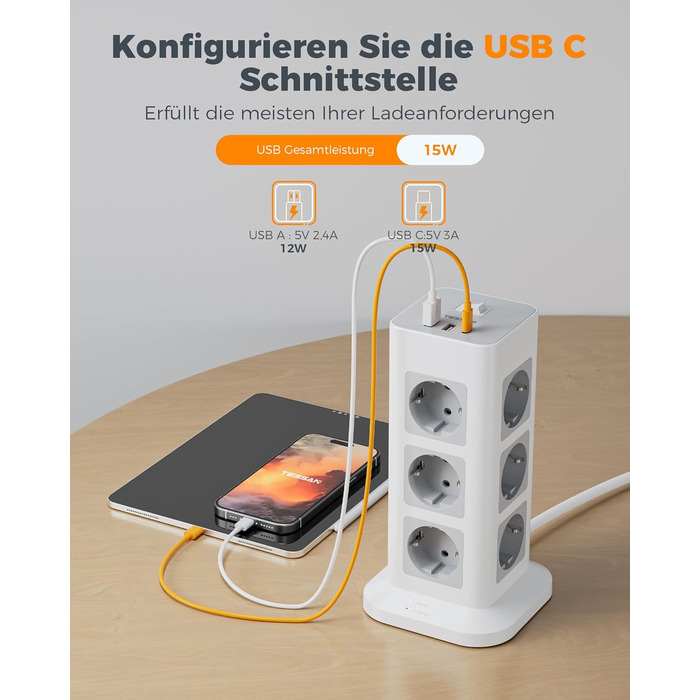 Блок розеток TESSAN із захистом від перенапруги 3600W 16A, 12 розеток з USB-C та 2 USB-A, мережевий кабель 2м, розподільник розеток для дому, сірий