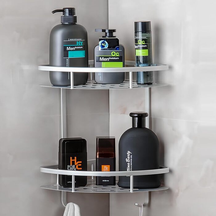 Поличка для душу Hawsam Badregale з алюмінію на 2 рівні, органайзер для шампуню, без свердління (срібло-трикутник)