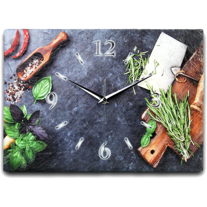 Designer wall clock made of stone (ceramic), size approximately 35x25cm, with a whisper-quiet movement (herbs, quiet quartz movement)