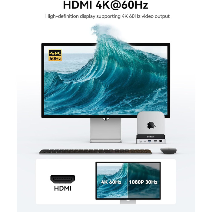 ORICO MiniDock: Док-станція та підставка для Mac mini M4/M4 Pro з корпусом для NVMe SSD, USB-C хаб з 4K HDMI та DisplayPort, SD/TF 3.0, USB-C/A 10Gbps, PD 100W - VS10 (10-в-1, 4TB)