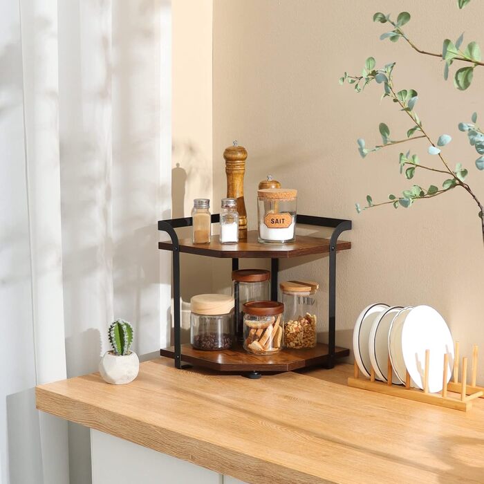 Corner shelf for kitchen with 2 tiers, spice rack wood, kitchen shelf, kitchen organizer, corner shelf for kitchen countertop, shelf for kitchen countertop, small shelf for kitchen, living room, office, 30 x 30 x 32cm