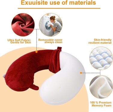 Подушка для шиї, 100% Memory Foam, U-подібна, легка, портативна, для подорожей (червона)