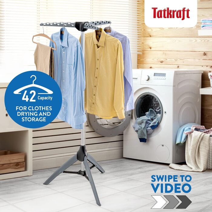Tatkraft Art Moon Palm - Clothes Rack, Stable, Folding, Ironing Clothes Rack, Capacity 30 kg or 42 Clothes Hangers, Stainless Steel, Compact Foldable, (Grey)