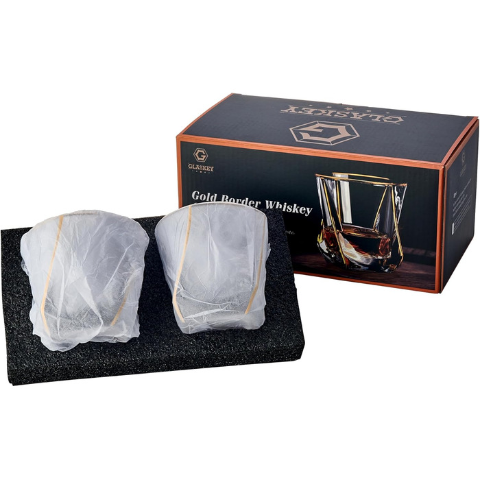 Glskey Crystal Whiskey Glasses Set - 4 Pack, 350ml Lead-Free - For Whiskey, Rum, Vodka, Gin, Scotch, Cognac & Water - Dishwasher Safe, Distorted Shape