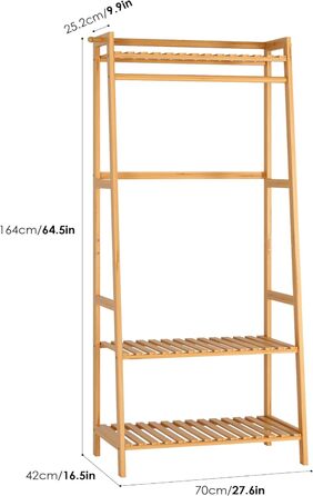 FOREHILL Clothes Rack with Shelves Coat Rack Bamboo Clothes Rail with Anti-Tip Device for Clothes Shoe Shelf Bags 164x70x42cm