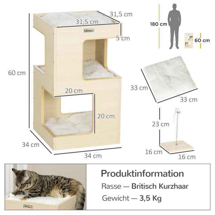PawHut Будиночок для котів PawHut, 3-ярусний котячий шафка, закритий котячий будинок для дому з подушкою та іграшками з дуба, 34x34x60 см для любителів котів