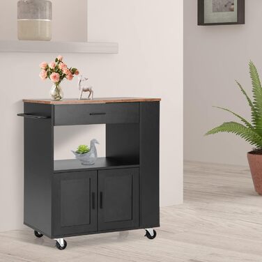 Giantex Rolling Kitchen Cart with Countertop - Kitchen Island with Storage, Mobile Kitchen Trolley with Drawer & 3 Shelves (White & Black)