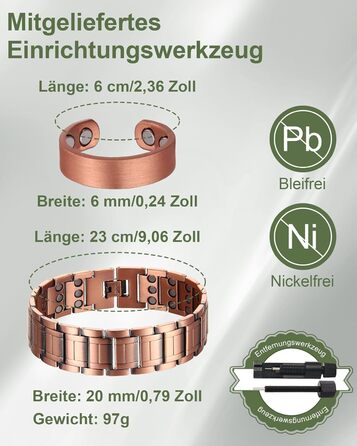 Браслет на руку чоловічий MagEnergy з міді - 3 потужні магніти, стильний дизайн, регульована довжина (набір міді)