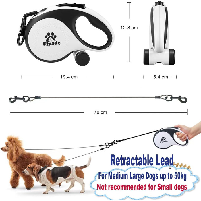 Висувна поводок для собак, 5 м, з ланцюгом, для 2 собак, витягуваний поводок для середніх та великих собак до 50 кг, білий та чорний