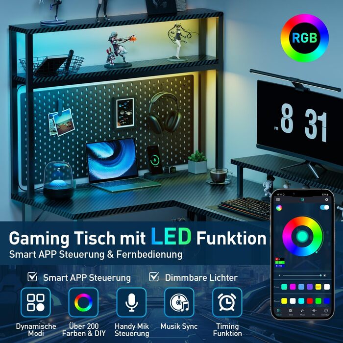 Ігровий стіл кутовий 150x100 см з 3 розетками та 2 USB, зворотний, з LED підсвічуванням, з ящиками та підставкою для монітора. Стіл для геймінгу, офісу, дому. (150 x 100 см, карбон)