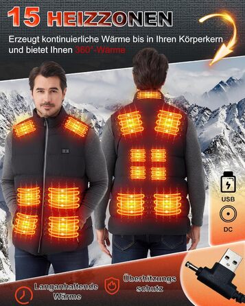 Електрична гріюча жилетка для чоловіків та жінок з 15 зонами нагріву - 3 режими температури, для активного відпочинку, катання на лижах, полювання, кемпінгу (без акумулятора), чорна, XXL