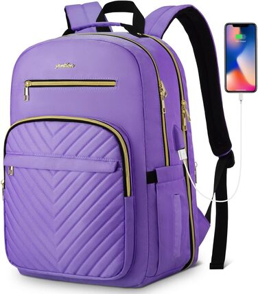 Жіночий рюкзак YAMTION: для школи, роботи, університету. USB-порт, відділення для ноутбука 15.6 дюймів, світло-зелений/світло-фіолетовий